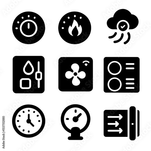 Ventilation Control Icons. Solid style icons of ventilation controls: fan speed dial, temperature knob, automatic sensor, humidity