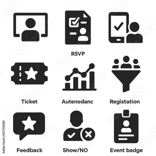Event Icon Set. Solid style icons of event-based segmentation: webinar attendee icon, RSVP segment, event check-in, ticket type