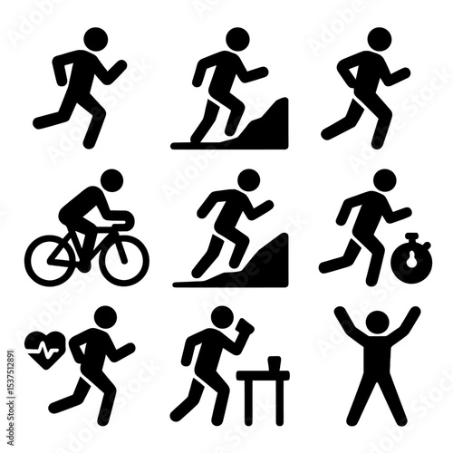 Endurance Training Icons. Solid style icons of endurance training silhouette: long-distance runner, trail jogger, marathon icon,