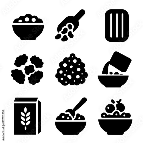 Breakfast Cereal Icons. Solid style icons of breakfast cereals: cereal bowl, cornflakes scoop, wheat biscuit, bran flakes, granola