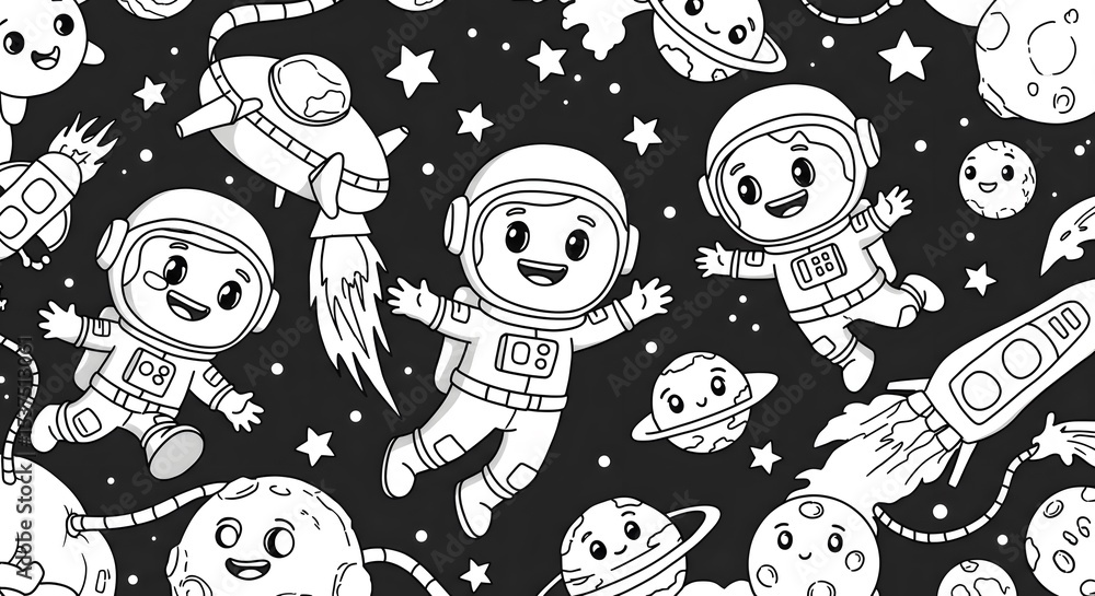 Naklejka premium Cosmic Kids Playful Astronauts and Planets Coloring Page