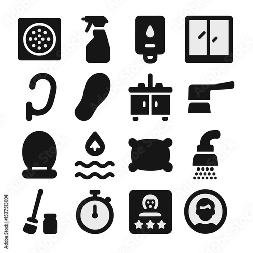 Bathroom Icon Set. Solid style icons of bathroom: floor drain grate, mildew remover spray, wall soap dispenser, mirror cabinet,