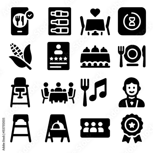 Restaurant and Hospitality Icons. Solid style icons of restaurant and hospitality: dining reservation app, wine cellar rack,