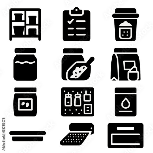 Pantry Storage Icons. Solid style icons of pantry: compartment shelf bin, pantry checklist board, dated food bin, cereal lid