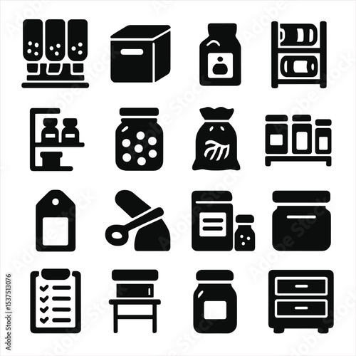 Pantry Essentials Icons. Solid style icons of pantry: bulk food station, refillable tin box, pantry refill sign, can stacker rack,