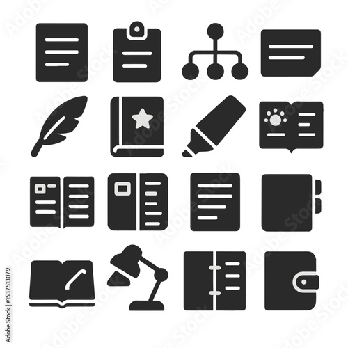 Journaling Icons Collection. Solid style icons of journaling: minimal journal page, planner binding clip, mind map entry, sentence