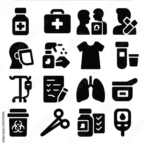 Medical Icons Collection. Solid style icons of medicine: cough syrup bottle, emergency response kit, patient diagnosis icon,