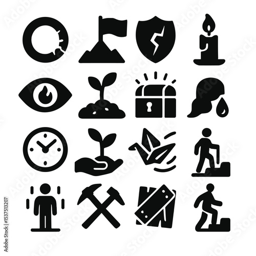 Perseverance Icon Symbols. Solid style icons of perseverance symbols: unbreakable ring, flag at summit, armor plate cracked but