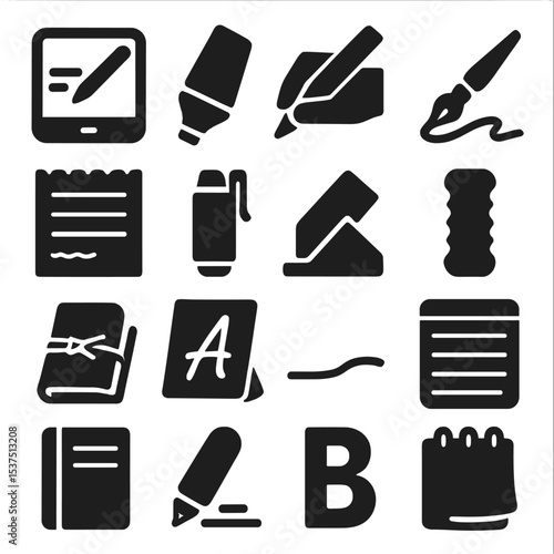 Writing Tools Icons. Solid style icons of writing tools: stylus with touchscreen, erasable marker, hand with pencil, ink writing