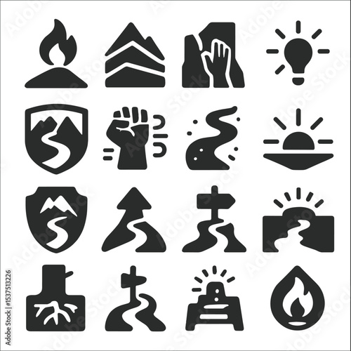 Perseverance Icons. Solid style icons of perseverance symbols: flame on dark hilltop, mountain layers in icon, hand reaching