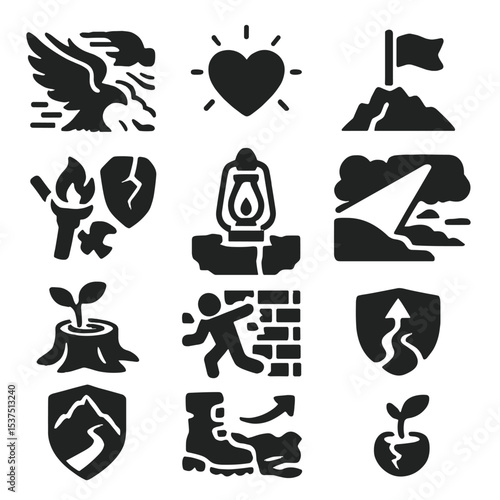 Perseverance Symbol Icons. Solid style icons of perseverance symbols: wings pushing against storm, heart glowing in shadow, flag