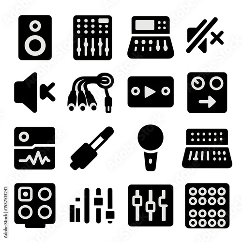 Live Sound Components. Solid style icons of live sound: active speaker, analog mixer, digital soundboard, mute group icon,
