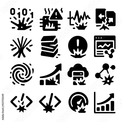 Data Overload Icons. Solid style icons of data explosion: binary stream scatter, processor overheat warning, overload wave graph,