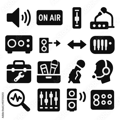Live Sound Icons. Solid style icons of live sound: signal test tone icon, on-air audio light, master fader console, live vocal