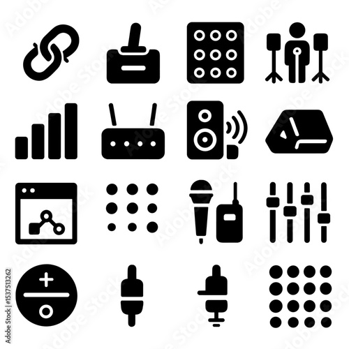 Audio System Icons. Solid style icons of live sound: stereo link button, bandpass filter switch, stage crew patch panel, stage