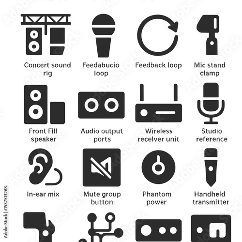 Live Sound Essentials. Solid style icons of live sound: concert sound rig, dynamic mic capsule, feedback loop icon, mic stand