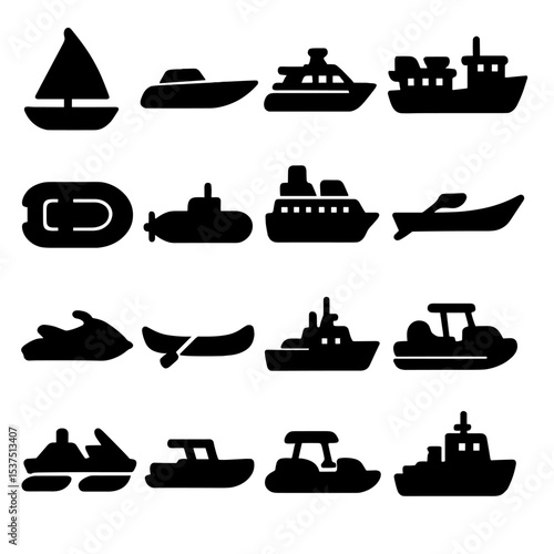 Watercraft Silhouette Icons. Solid style icons of watercraft silhouette: sailboat, speedboat, cargo ship, yacht, fishing boat,