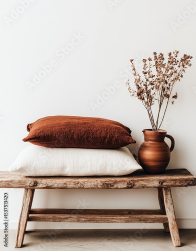 Stylish Home Decor Featuring Cushions and a Vase With Dried Flowers on a Wood...