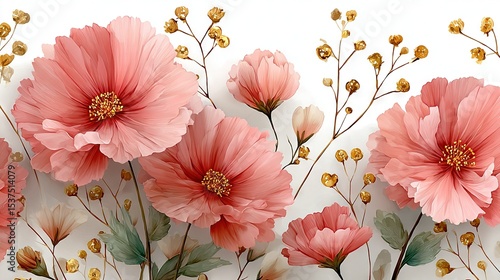 Wallpaper Mural   A cluster of vibrant pink blossoms resting atop a pristine white background alongside lush green foliage and sparkling gold petals Torontodigital.ca
