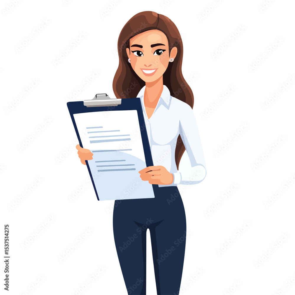 Professional Businesswoman Character Holding Clipboard with Checklist for Business Presentations Professional Businesswoman Character Holding Clipboard with Checklist for Business Presentations