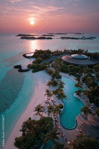 Tropical Sunset Over a Serene Resort Surrounded by Palm Trees and Clear Waters