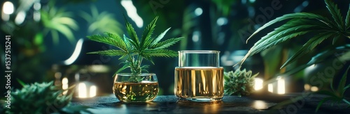 Bottles of Natural Oil Illuminated by Warm Light Among Green Plants in a Sere...