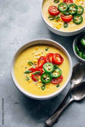 Savory Corn Soup Topped With Fresh Vegetables and Herbs Served in Bowls on a ...
