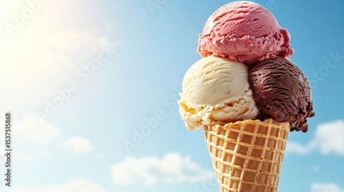 Ice Cream Cone with Three Flavors Stacked High Against a Sunny Blue Sky