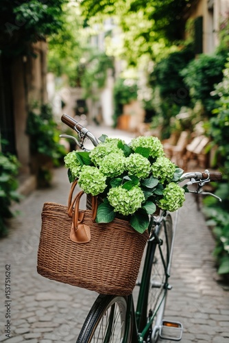 Bicycle With Green Hydrangeas in a Quaint Alley Surrounded by Greenery