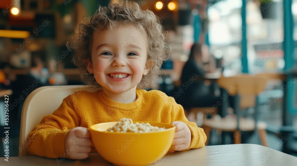 Smiling Child Holds a Bowl of Cereal While Sitting at a Table Smiling Child Holds a Bowl of Cereal While Sitting at a Table