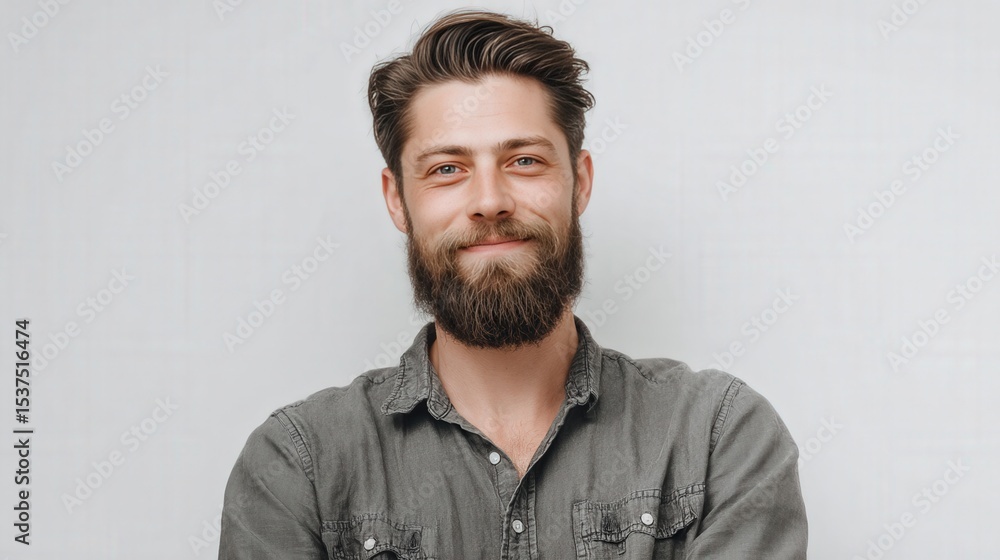 Obraz premium Confident Young Man with Beard Smiling Against a Neutral Background