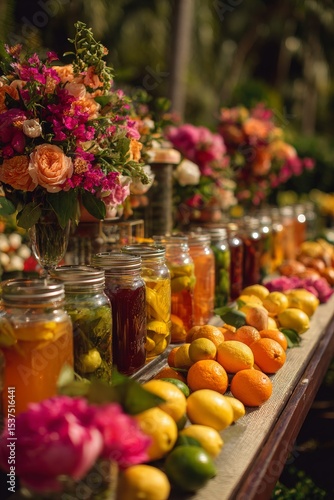 Colorful Display of Fresh Fruits and Beverages at a Vibrant Garden Celebration