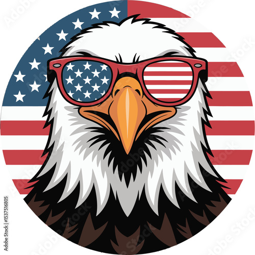 Patriotic bald eagle wearing sunglasses with american flag details in a circular design