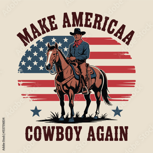Patriotic cowboy riding horse with american flag symbolizing american spirit and ideals