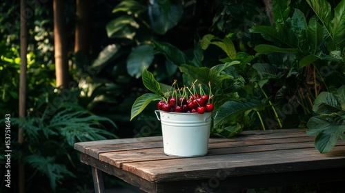Bowl of Fresh Cherries Arranged on Rustic Wooden Table in Lush Garden Setting...
