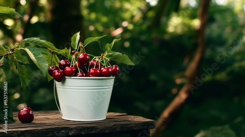 Bowl of Fresh Cherries Arranged on Rustic Wooden Table in Lush Garden Setting...