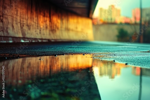 A mesmerizing puddle reflects a vibrant cityscape under a textured concrete structure in cool tones.