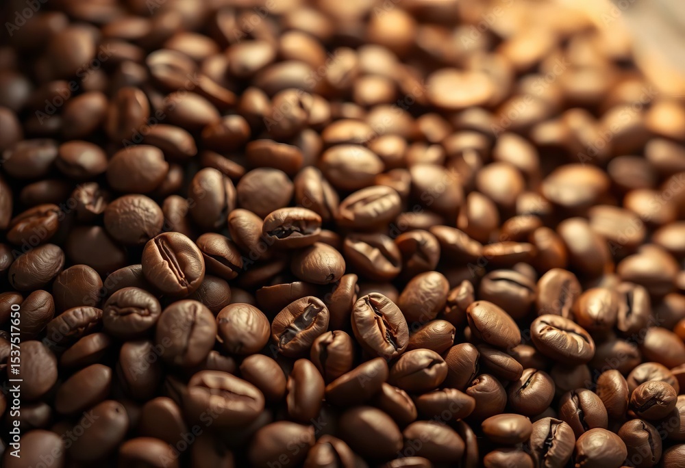 Fototapeta premium Close-up of roasted coffee beans, rich brown hues, background, detail