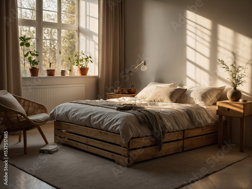 A simple bedroom interior with a floor mattress and wooden crate nightstand softly illuminated by golden morning light streaming through partially opened blinds creating linear shadows