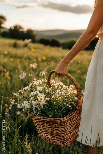 Woman Holding a Woven Basket Filled With Fresh Flowers in a Green Field Durin...