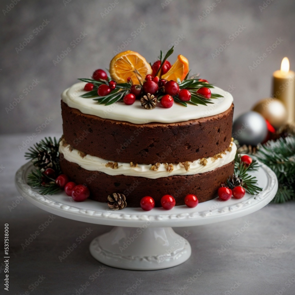A festive Christmas cake decorated with seasonal elements A festive Christmas cake decorated with seasonal elements