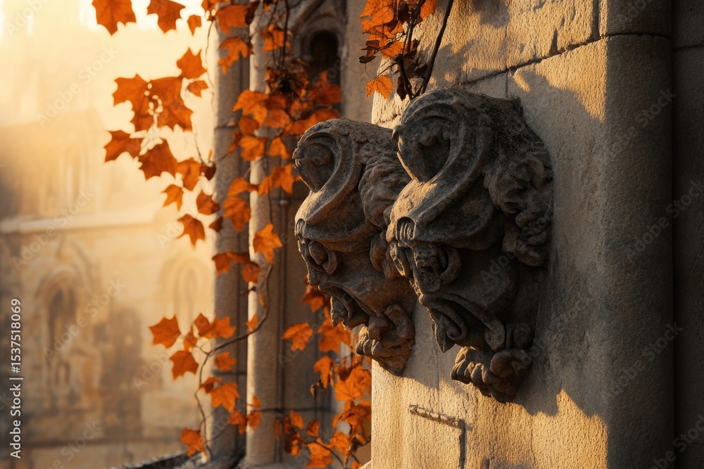 Fototapeta premium Architectural detail featuring stone carvings accented by autumn foliage bathed in golden sunlight, creating a classic and timeless scene.