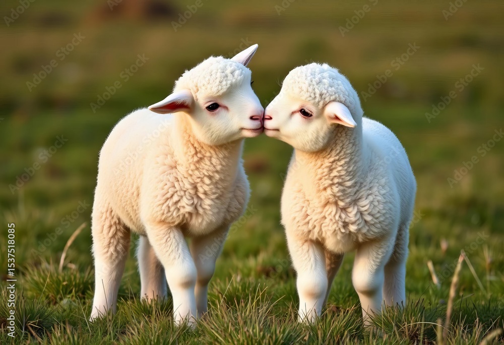 Naklejka premium Two fluffy lambs playfully headbutt each other in a field, siblings fighting, playful interaction