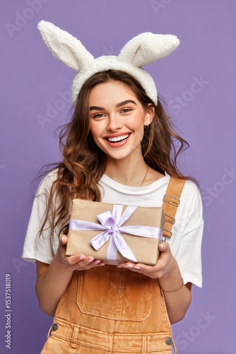 Smiling Young Woman With Bunny Ears Holding a Gift on a Purple Background Dur...