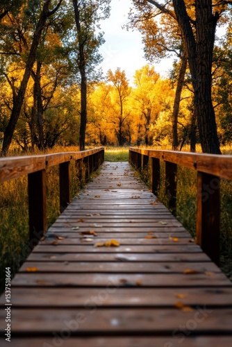 Serenity of the Wooden Bridge Leading Into an Autumn Forest Landscape.