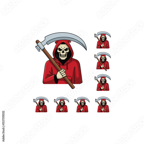 Grim Reaper Iconography: A stylized illustration of the Grim Reaper, clad in a hooded robe and brandishing a scythe, creating a symbol of mortality. This striking imagery