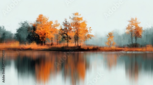 Autumn Landscape With Reflections of Trees Beside Still Water During a Misty ...