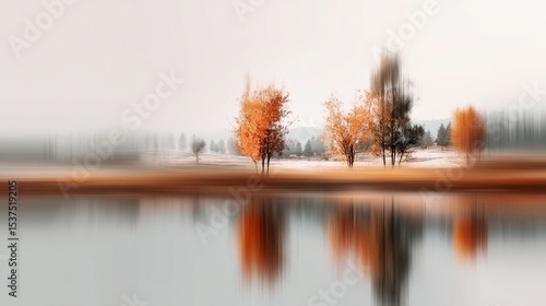 Autumn Landscape With Reflections of Trees Beside Still Water During a Misty ...