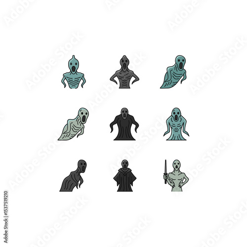 Mystical Apparitions: Nine spectral figures, each unique in form and hue, arranged artfully, ready to cast an eerie aura.