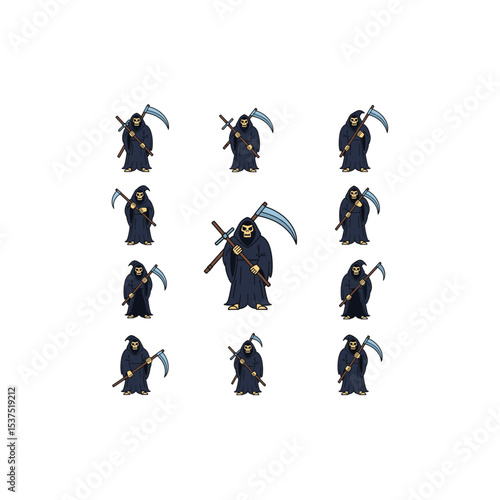  Grim Reaper in a Grid: A macabre, pixelated depiction of the Grim Reaper, a chilling embodiment of death, arranged in a symmetrical grid on a stark background.